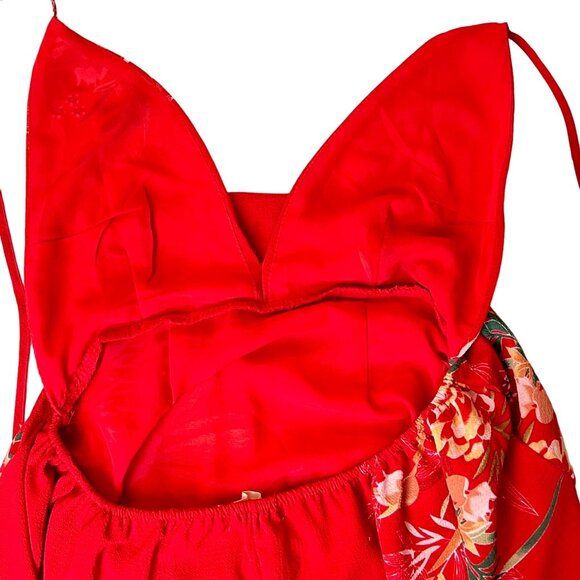 Size Large Red Floral Halter Maxi Dress Plunging Neckline Backless Design EUC - Picture 4 of 9